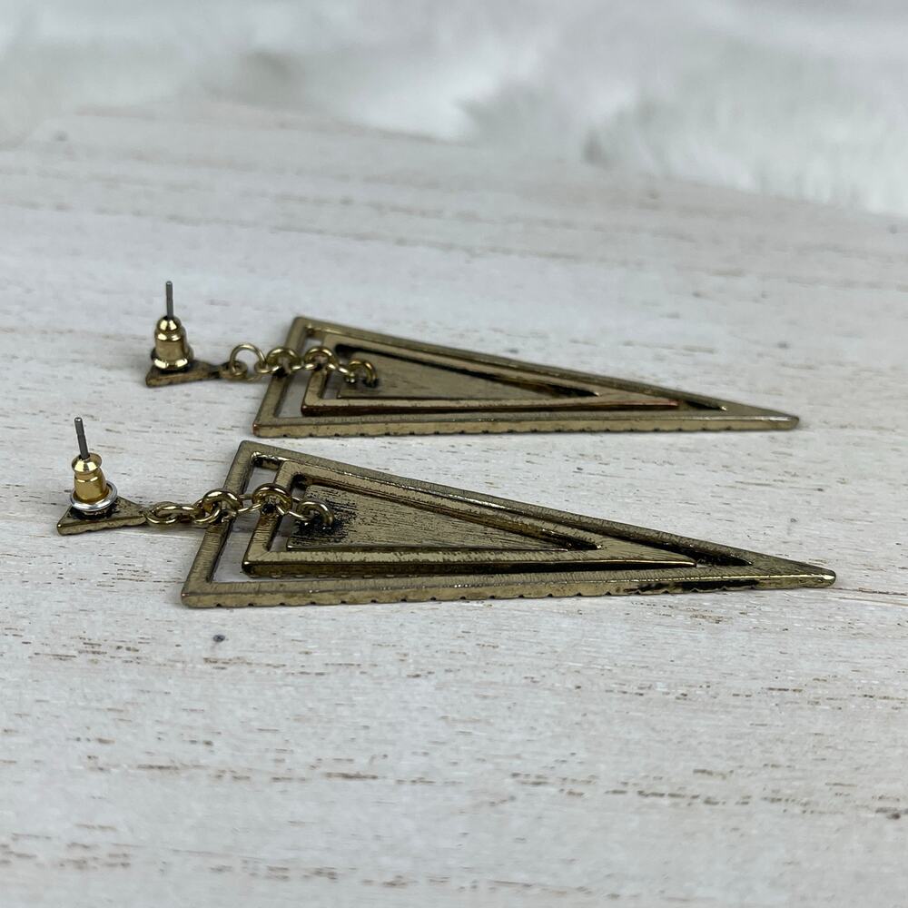 Gold Tone Tiered Triangle Cairo Dangle Earrings Black Geo Geometric Boho Jewelry - Picture 9 of 16